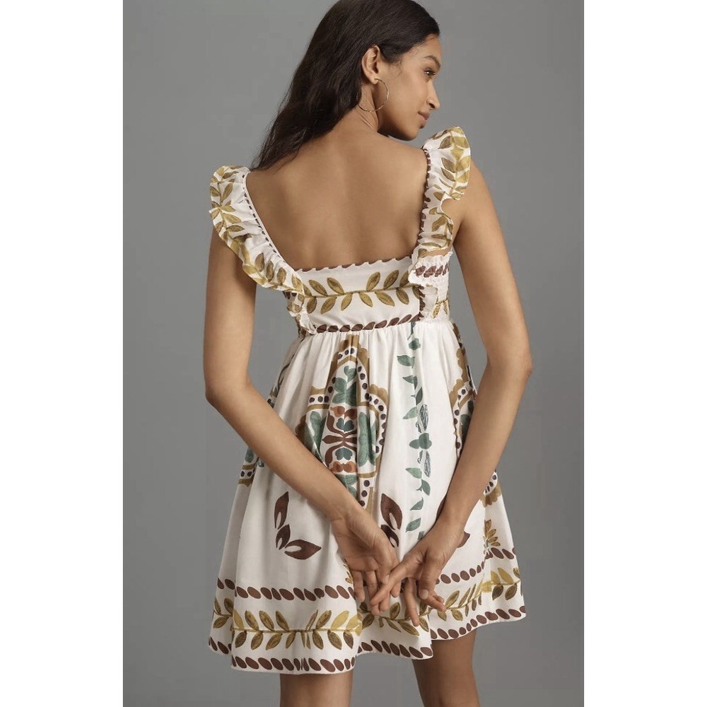Anthropologie Ruffle-Sleeve White Cotton Square-Neck Mini Dress‎ Size Large NEW - Picture 3 of 12